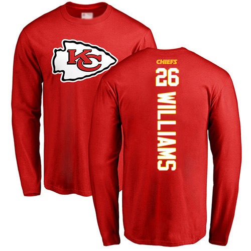 Men Kansas City Chiefs #26 Williams Damien Red Backer Long Sleeve T-Shirt